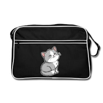 Grey and White Happy Kitten Kawaii Portrait - Retro Bag - black/white - Front