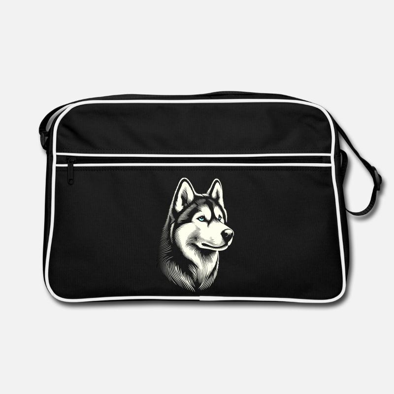 Huskykopf, schwarz-weiß, Hundeschlitten Retro Tasche