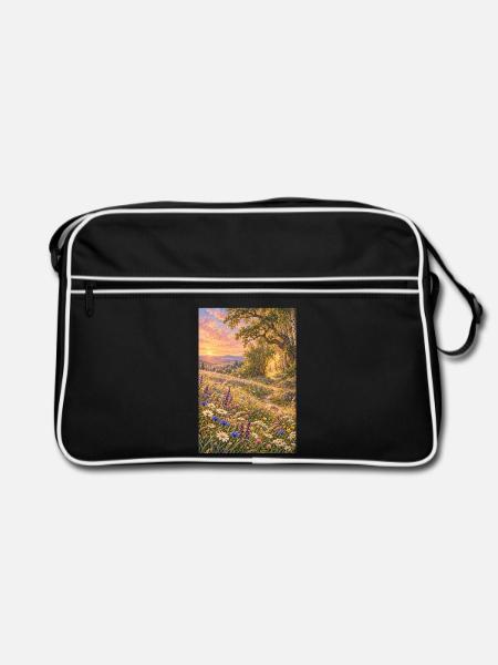 Wildblumenwiese am Waldrand - Retro Tasche - Schwarz/Weiß