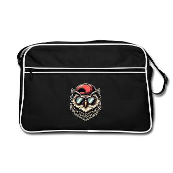 Coole Eule mit Sonnenbrille und Cap - Retro Tasche - Schwarz/Weiß - Vorne