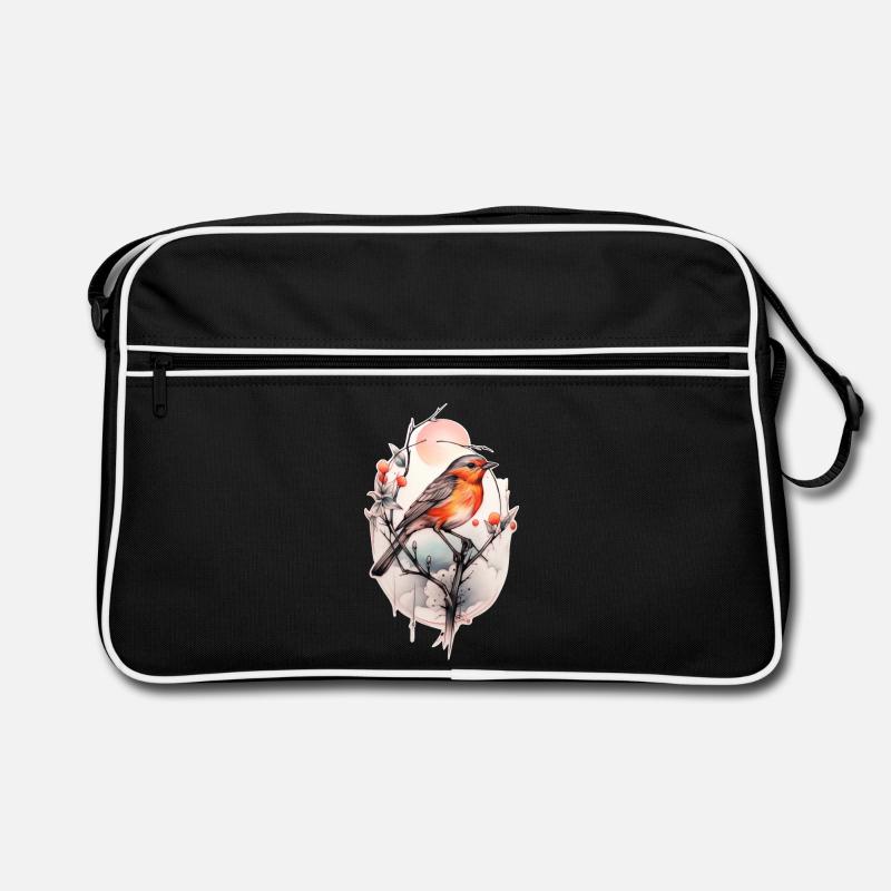 Rotkehlchen auf einem Ast - TattooStyle - Retro Tasche - Schwarz/Weiß