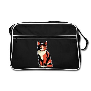 Vintage-Calico-Trikolore-Katzenporträt sitzend - Retro Tasche - Schwarz/Weiß - Vorne