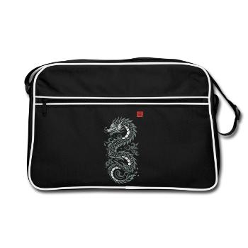 Grauer japanischer Drache, japanischer Kanji-Druckstil - Retro Tasche - Schwarz/Weiß - Vorne