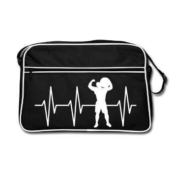 Strongman Herzschlag Symbol stark Kraftsport Logo - Retro Tasche - Schwarz/Weiß - Vorne