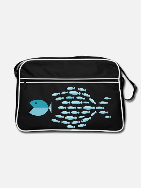 Blue School Silhouette - kleine Fische fressen große Fische - Retro Tasche - Schwarz/Weiß - Vorne