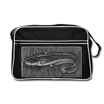 Vintage Catfish Woodcut – Classic Angler - Retro Bag - black/white - Front