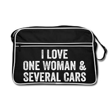 Eine Frau und viele Autos: Autohumor - Retro Tasche - Schwarz/Weiß - Vorne