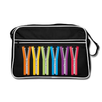 open zippers with colorful ribbons - Retro Bag - black/white - Front