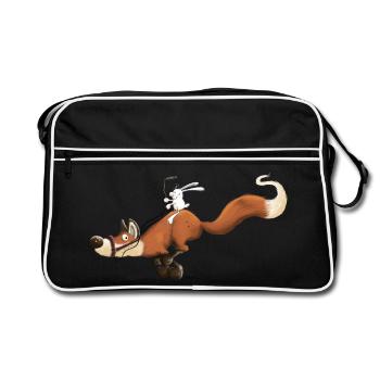 Flitzer Fuchs mit Häschenreiter Hase Reitet Fuchs - Retro Tasche - Schwarz/Weiß - Vorne