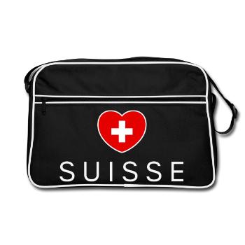 Ich liebe die Schweiz, Herz Schweiz - Retro Tasche - Schwarz/Weiß - Vorne