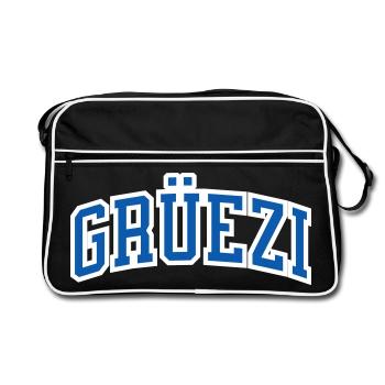 Grüezi in blau mit weissem Rand, Schweiz hallo - Retro Tasche - Schwarz/Weiß - Vorne