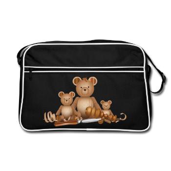 Wood-look bear family with lathe chisel - Retro Bag - black/white - Front