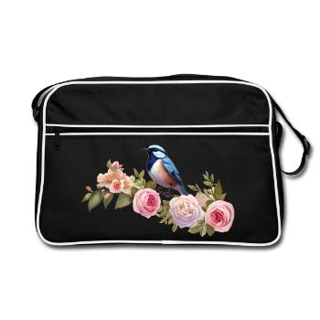 Vogel auf einem blühenden Ast im Frühling - Retro Tasche - Schwarz/Weiß - Vorne