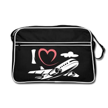 Ich liebe Flugzeuge - Fliegerei und Piloten Symbol - Retro Tasche - Schwarz/Weiß - Vorne