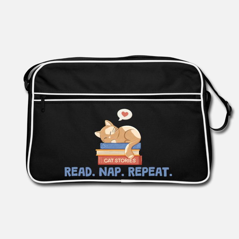 Cat on Books with Saying Read. Nap. Repeat. Retro Bag