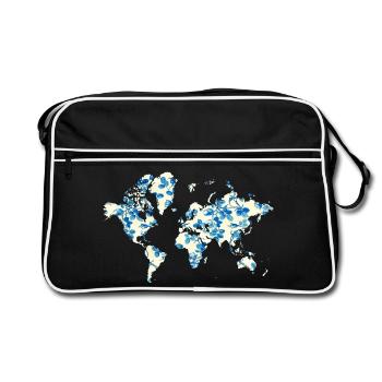 Weltkarte Blaue Blumen - Retro Tasche - Schwarz/Weiß - Vorne
