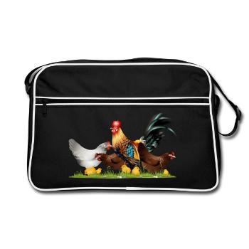 stately rooster with chickens on the chicken farm - Retro Bag - black/white - Front