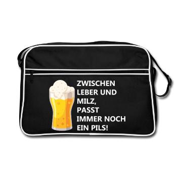 Zwischen Leber und Milz, passt immer noch ein Pils - Retro Tasche - Schwarz/Weiß - Vorne