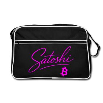 Satoshi Typografie Pink Neon Crypto Style Bitcoin - Retro Tasche - Schwarz/Weiß - Vorne