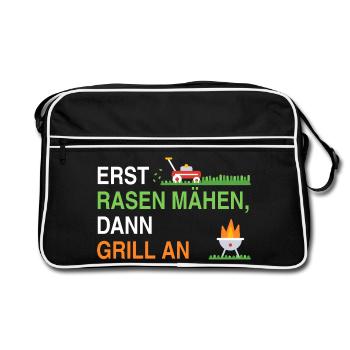 Erst Rasen mähen, dann Grill an – Gärtner Spruch - Retro Tasche - Schwarz/Weiß - Vorne