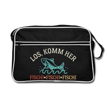 Komm Her Fischi Sportangler Angeln Fischen - Retro Tasche - Schwarz/Weiß - Vorne