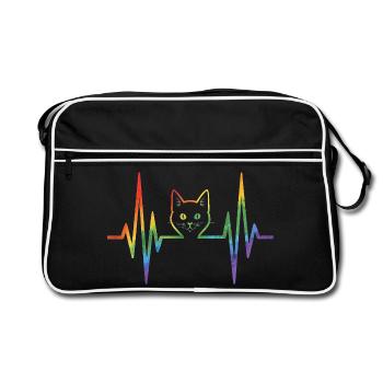 Rainbow cat with pulse heart line - Retro Bag - black/white - Front