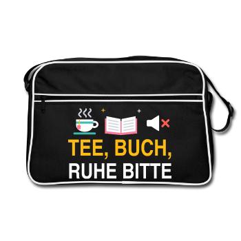 Tee, Buch, Ruhe bitte – Spruch für Leseratten - Retro Tasche - Schwarz/Weiß - Vorne