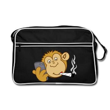 Monkey with phone and joint – modern addiction - Retro Bag - black/white - Front