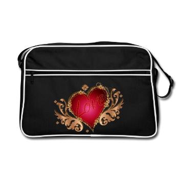 Cœur rouge avec ailes et écriture en bois - Sac Retro - noir/blanc - Devant