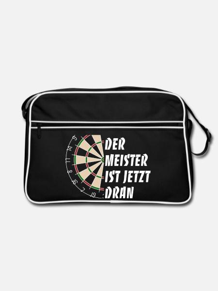 Ruhe! Der Meister ist jetzt dran - Dart Spruch - Retro Tasche - Schwarz/Weiß