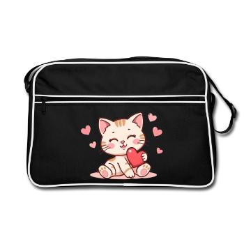 Kawaii Katze mit Herz Geschenk Geburtstag - Retro Tasche - Schwarz/Weiß - Vorne