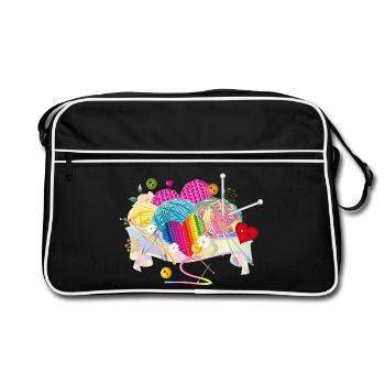 Tricot et couture, pelotes de laine, boutons et aiguilles à coudre - Sac Retro - noir/blanc - Devant
