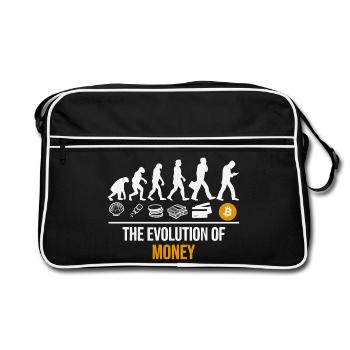Bitcoin Shirts - Crypto Shirt - Evolution of Money - Retro Tasche - Schwarz/Weiß - Vorne