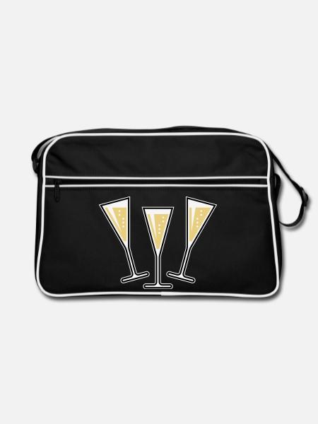 3 Sektgläser (Sekt / Trichter / Zu / 3C) - Retro Tasche - Schwarz/Weiß - Vorne