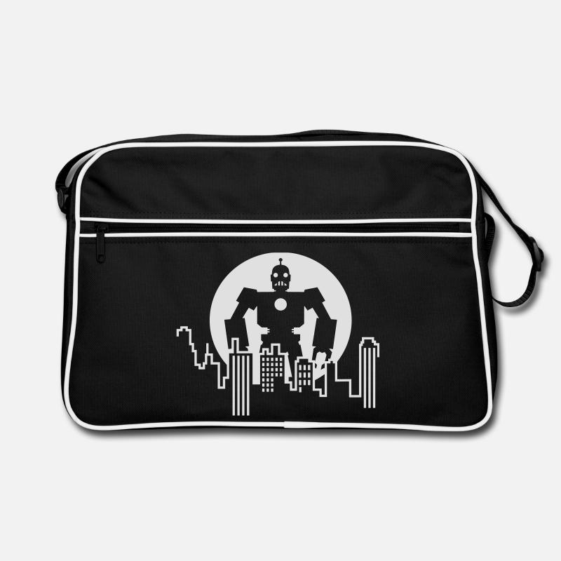 Robot Skyline – Sci-Fi Android Silhouette Shirt Retro Tasche