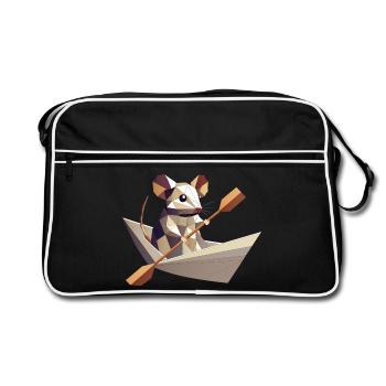 Abenteuerlustige Maus im Papierschiffchen - Retro Tasche - Schwarz/Weiß - Vorne