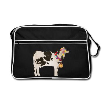 decorated cow with cowbell and floral decorations - Retro Bag - black/white - Front