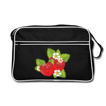 Erdbeeren umgeben von grünen Blättern & Blüten - Retro Tasche - Schwarz/Weiß - Vorne