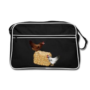 two chickens on a bale of straw - Retro Bag - black/white - Front