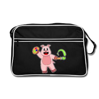 Pig Painter Brush Painting - Retro Bag - black/white - Front