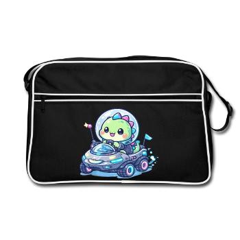 Kawaii Dino im Space Rover - Retro Tasche - Schwarz/Weiß - Vorne