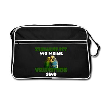 Zuhause ist wo meine Wellensittiche sind - Retro Tasche - Schwarz/Weiß - Vorne