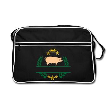 Pig in green laurel wreath with golden yellow crown - Retro Bag - black/white - Front