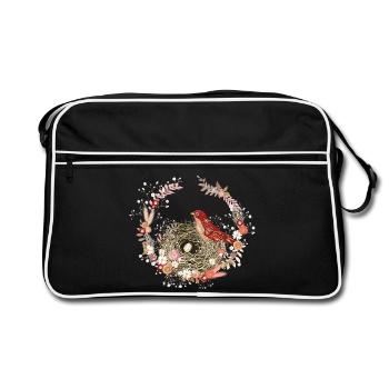 Trockenblumen Kranz mit Vogelnest und Vogel Motiv - Retro Tasche - Schwarz/Weiß - Vorne