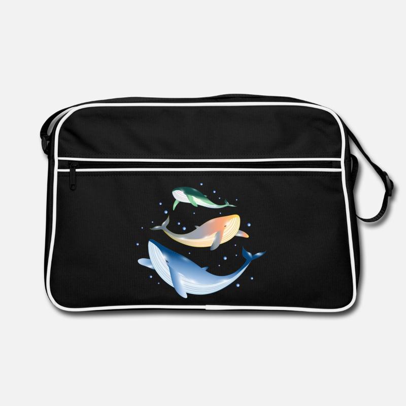 three brightly colored shimmering whales in the ocean Retro Bag