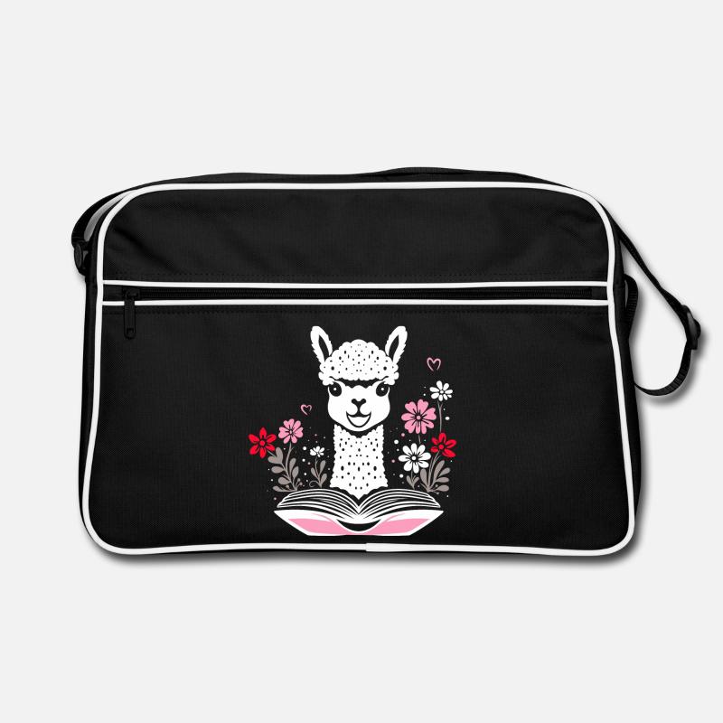 Alpaka mit Buch und Blumen Bücher lesen Retro Tasche