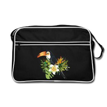 Toucan avec des fleurs tropicales - Design d’oiseau exotique - Sac Retro - noir/blanc - Devant