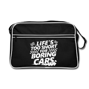 Das Leben ist zu kurz für langweilige Autos, lustiges Rennen - Retro Tasche - Schwarz/Weiß - Vorne