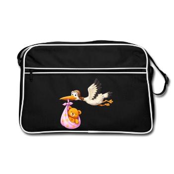 Baby Mädchen Storch mit Teddy im Tuch Geschenk - Retro Tasche - Schwarz/Weiß - Vorne