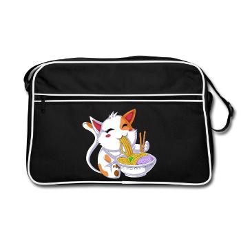 Katze isst Ramen - Retro Tasche - Schwarz/Weiß - Vorne